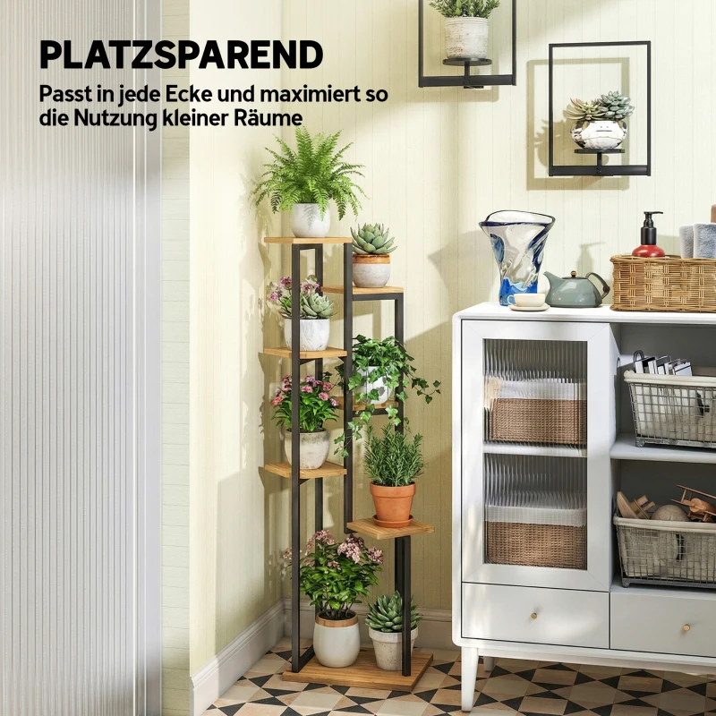 Outsunny 7-Etagen Pflanzenständer, 130 cm hoch Blumenständer, Gestuftes Pflanzenregal aus Holz, mehrstöckig Hellbraun