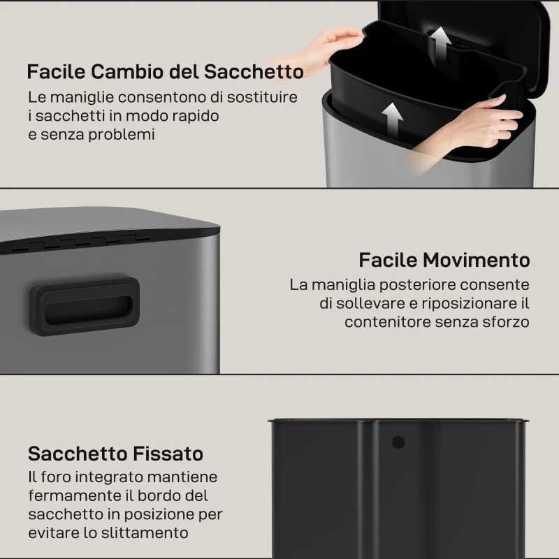 HOMCOM Pattumiera a Pedale da 50L con Coperchio Ammortizzato, Apertura a 90° e Secchio Rimovibile, Acciaio Inox, Grigio
