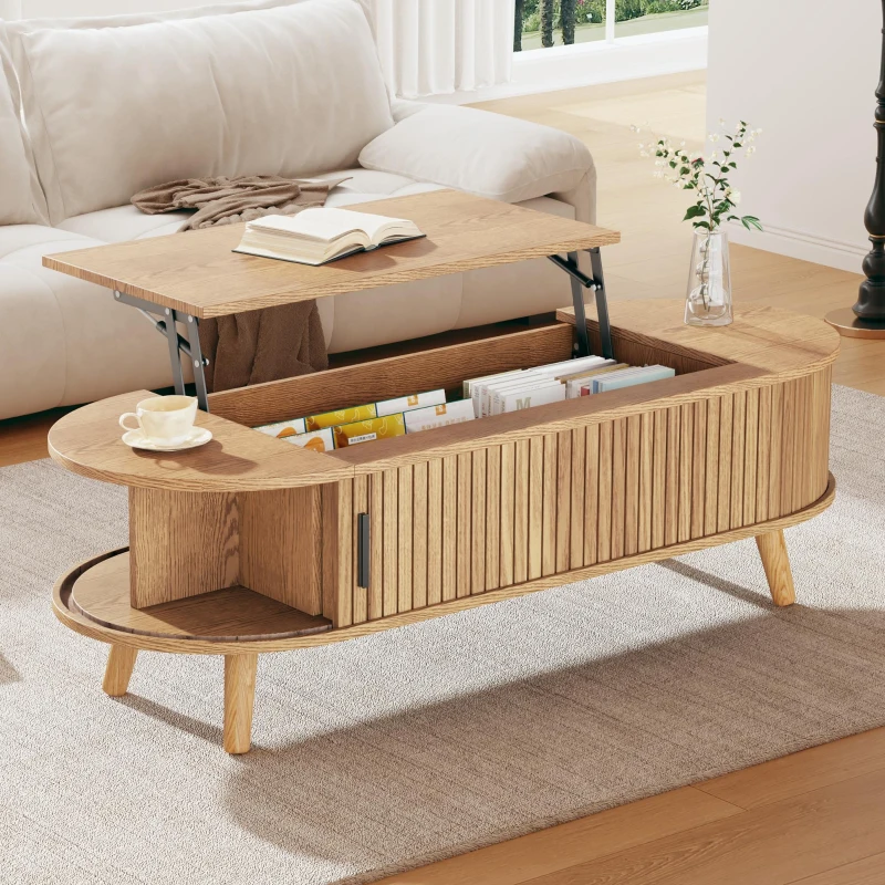 Lift-Up Oval Coffee Table with Hidden Storage and Height-Adjustable Top, Space-Saving Table for Living Areas, 120L x 50W x 39.5H cm, Wood