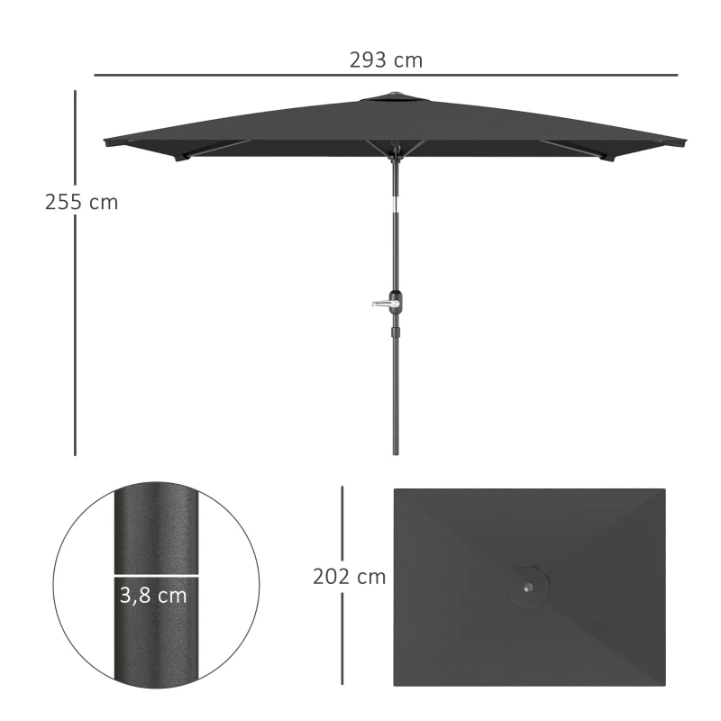 Outsunny Sombrilla de Aluminio 198x294x255 Parasol Rectangular de Jardín Inclinable con Manivela y Poste Desmontable Gris