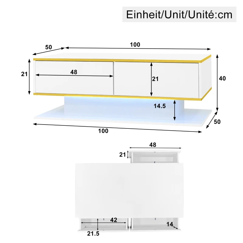 Modern LED Coffee Table with High-Gloss Finish and Gold Accents, Illuminated Unit with Drawers and Storage, 100L x 50W x 40H cm, White