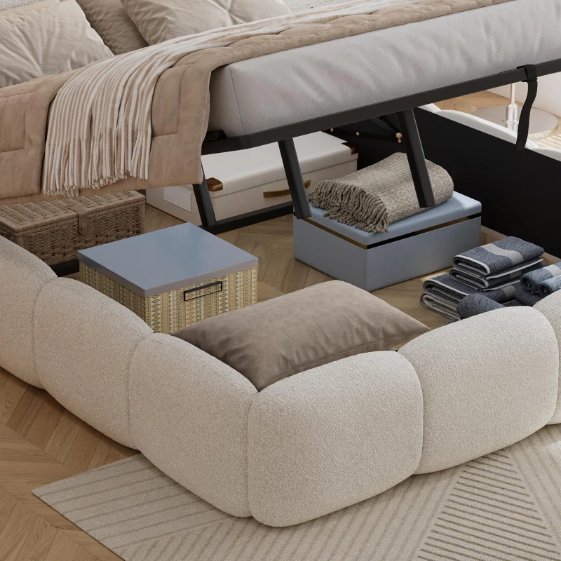 Plush Boucle Bed with Hydraulic Storage and Raised Headboard, Durable Frame with Slats, Self-Assembly, 204.5L x 142W x 100.5H cm, Beige