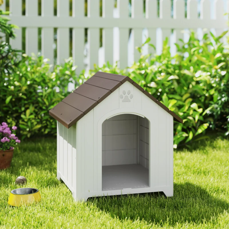 PawHut Casota para Cães de Exterior Casa para Cães Grandes de Plástico com 2 Janelas Base Elevada Estacas Castanho Escuro
