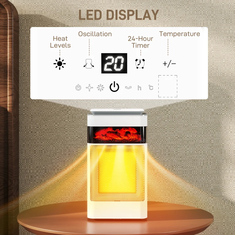 HOMCOM Ceramic Electric Heater, 1500W Fan Space Heater with 3 Modes, 24H Timer, Flame Effect, Oscillation for Bedroom, White