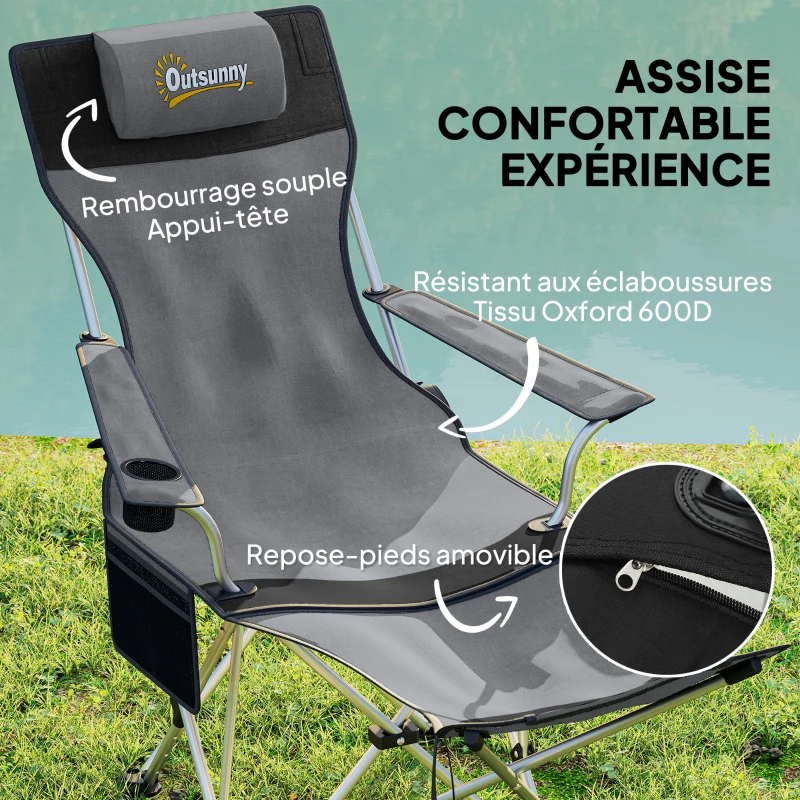Outsunny Lot de 2 chaises de camping pliante inclinable avec repose-pieds, sac de rangement, porte-gobelet et appui-tête, noir