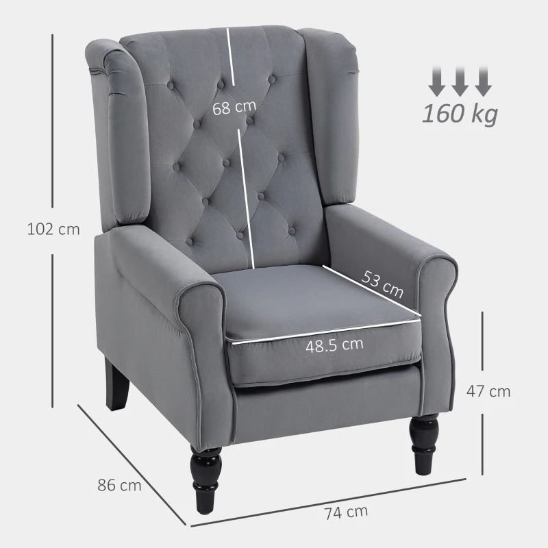 HOMCOM Wingback Accent Chair, Retro Upholstered Button Tufted Occasional Chair for Living Room and Bedroom, Light Grey