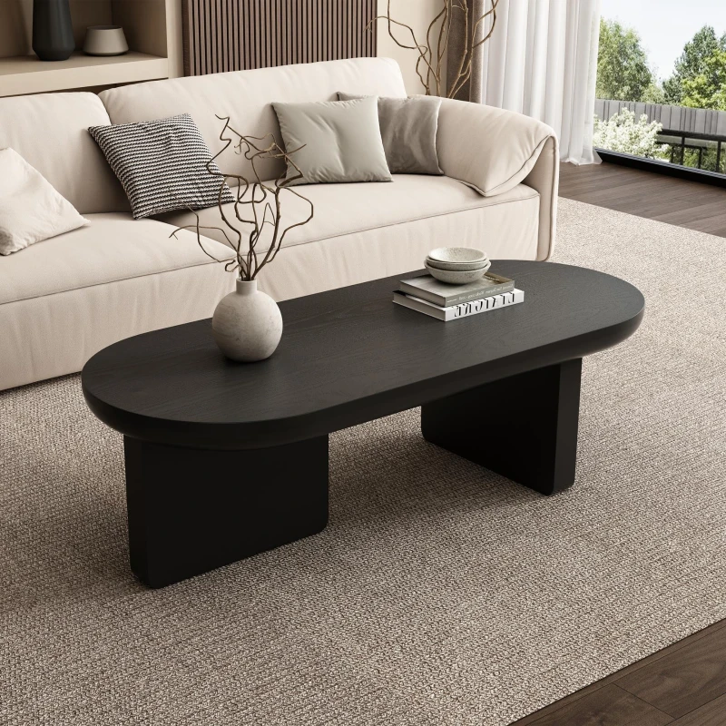 Oval Centre Coffee Table with Double Square Legs and Felt Feet, Minimalist Table for Compact Living Rooms, 119.5L x 50W x 35.5H cm, Black