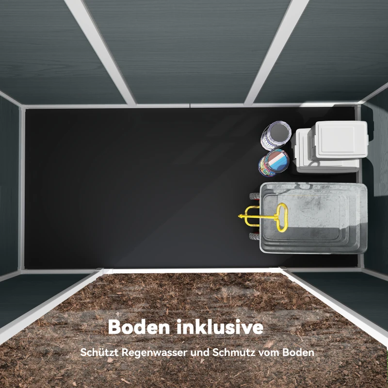 Outsunny Tuinschuur 2,77 m², Opbergschuur met Houtlook 2 Ramen Dubbele Deur Ventilatie Vloer Slot Handschoenen