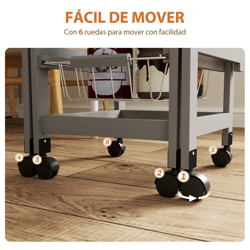 HOMCOM Carrito Auxiliar Plegable Carrito de Cocina con 6 Ruedas 1 Cajón y 3 Cesta de Metal 97,2x37x77,5 cm Gris y Roble