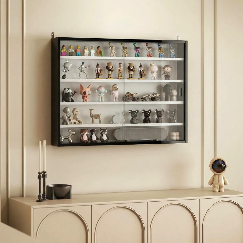 HOMCOM 5-Tier Wall Display Cabinet,  Wall Mounted Display Case w/ 4 Adjustable Shelves, Glass Doors, 60x80cm, Black and White