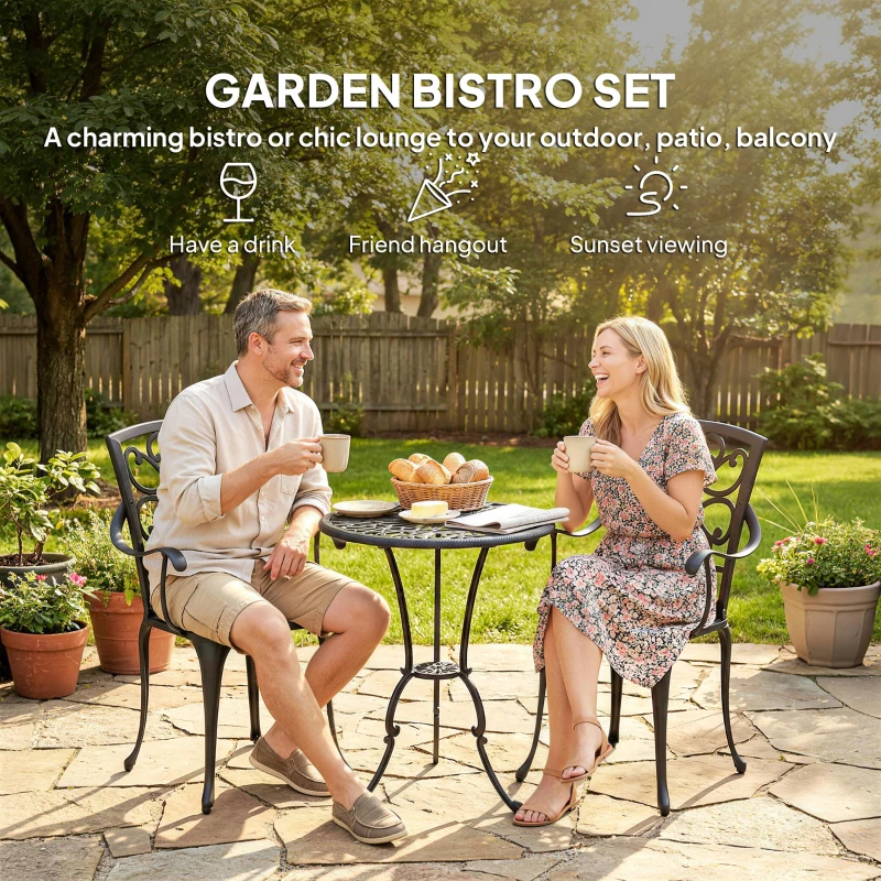 Outsunny 3-częściowy zestaw bistro ogrodowy okrągły stół z 2 krzesłami otwór na parasol, antyczny z odlewu aluminium