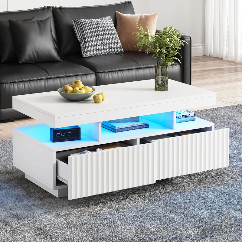 Modern Coffee Table with App-Controlled LED and Two Ribbed Drawers, Sleek Unit with Open Display Shelf, 100L x 50W x 45H cm, White