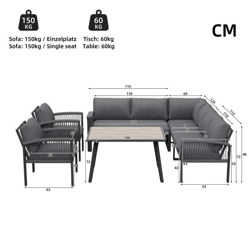 Stylish Garden Lounge Set with Galvanised Iron Frame and Wood‑Grain Table, Large Sofas and Table for 8 People, 124L x 69W x 86H cm, Gray