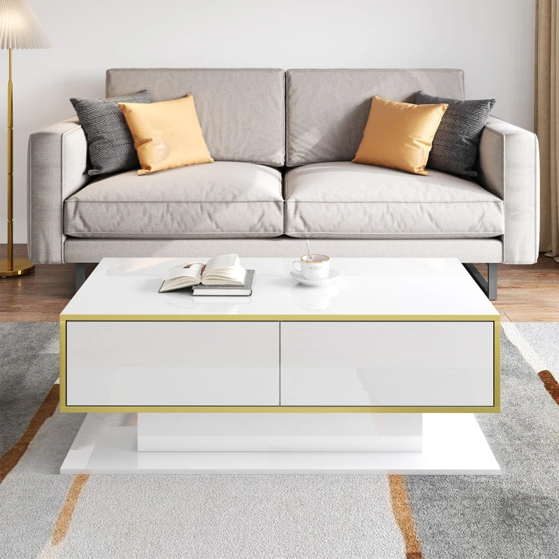 Modern LED Coffee Table with High-Gloss Finish and Gold Accents, Illuminated Unit with Drawers and Storage, 100L x 50W x 40H cm, White