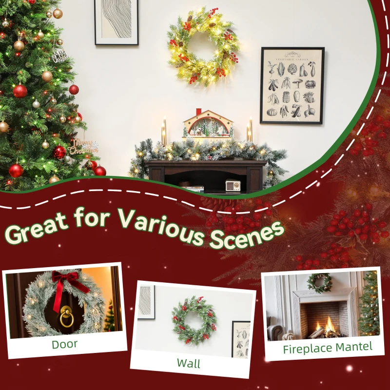 HOMCOM 60 cm Prelit Christmas Wreath, Door Wreath with Realistic Branches, 30 Warm White LEDs, Timer, Battery Operated