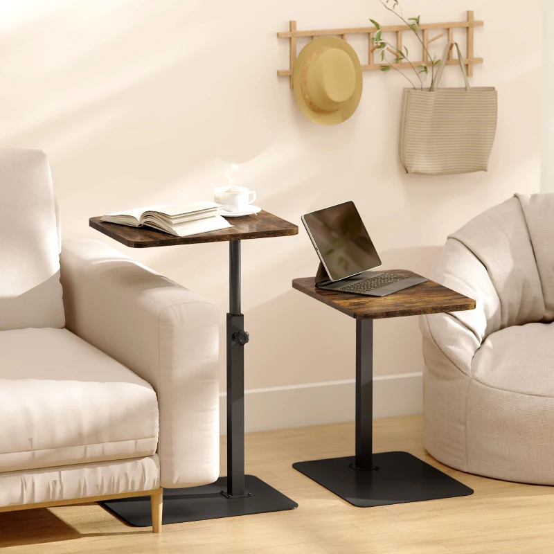 HOMCOM C Shaped Side Table, Small End Table with Adjustable Height and Metal Base for Living Room, Bedroom, Rustic Brown