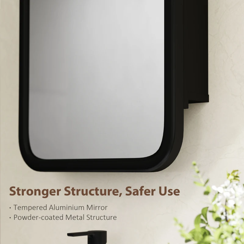 HOMCOM Bathroom Wall Cabinet with Tempered Mirror Metal Bathroom Mirror Cabinet with 3 Shelves Black