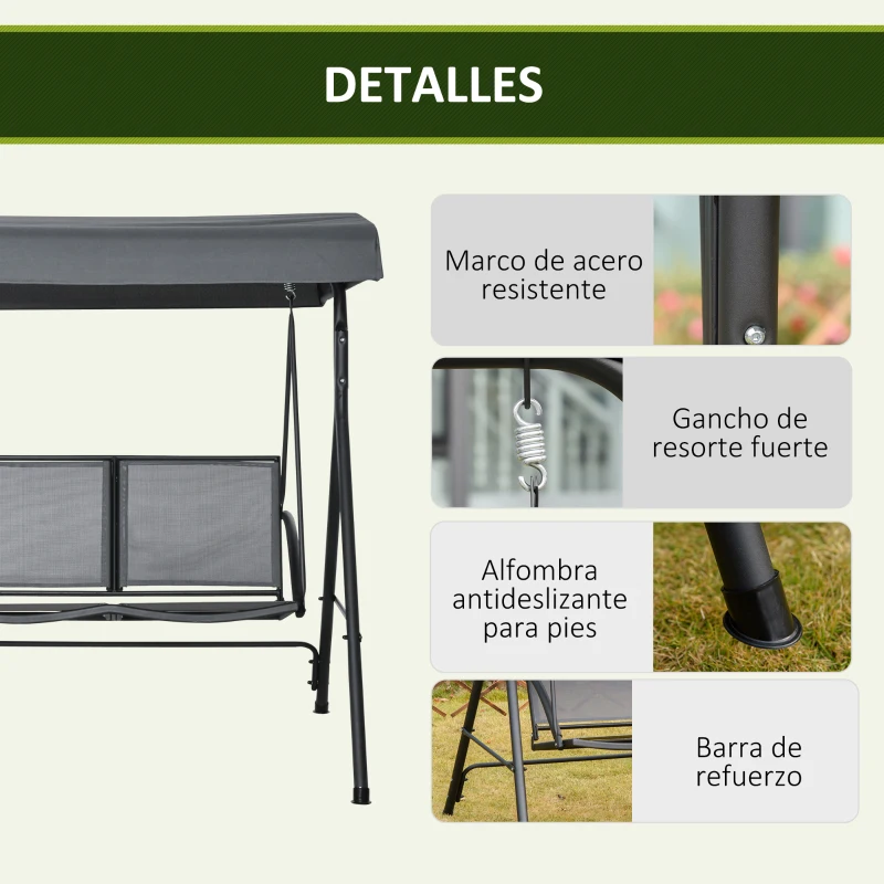 Outsunny Columpio de Jardín Exterior de 2 Plazas Techo Ajustable y Marco de Acero Asientos Textilene 140x118x162 cm Gris Oscuro
