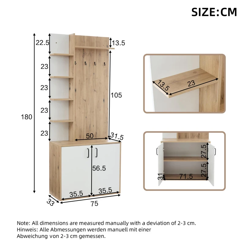 Hall Tree Coat Rack with Shoe Cabinet and 5 Open Shelves, Double‑door Storage for Narrow Entrance, 75L x 33W x 180H cm, White+Oak