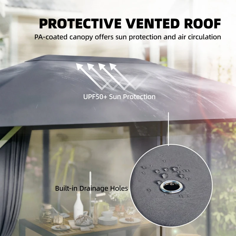 Outsunny Tuinpaviljoen ca. 4x3m waterafstotend stabiel winterbestendig met muskietennet, 4 zijwanden, ventilatie en afvoergaten