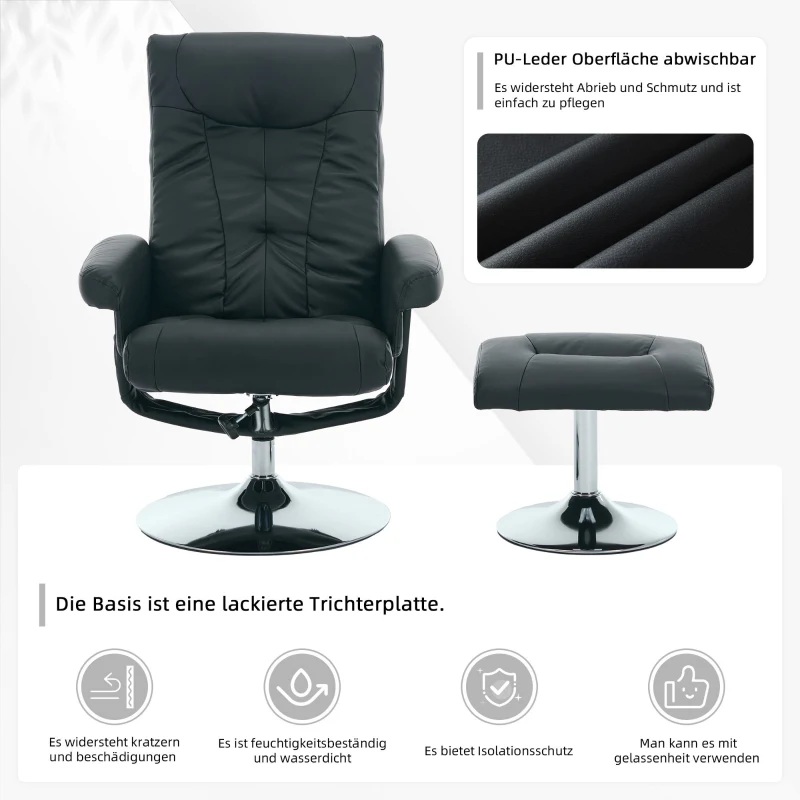 Fernsehsessel Heizbarer Massage-Sessel mit Liegefunktion, 360° drehbar PU-Stoff und Hocker Schwarz