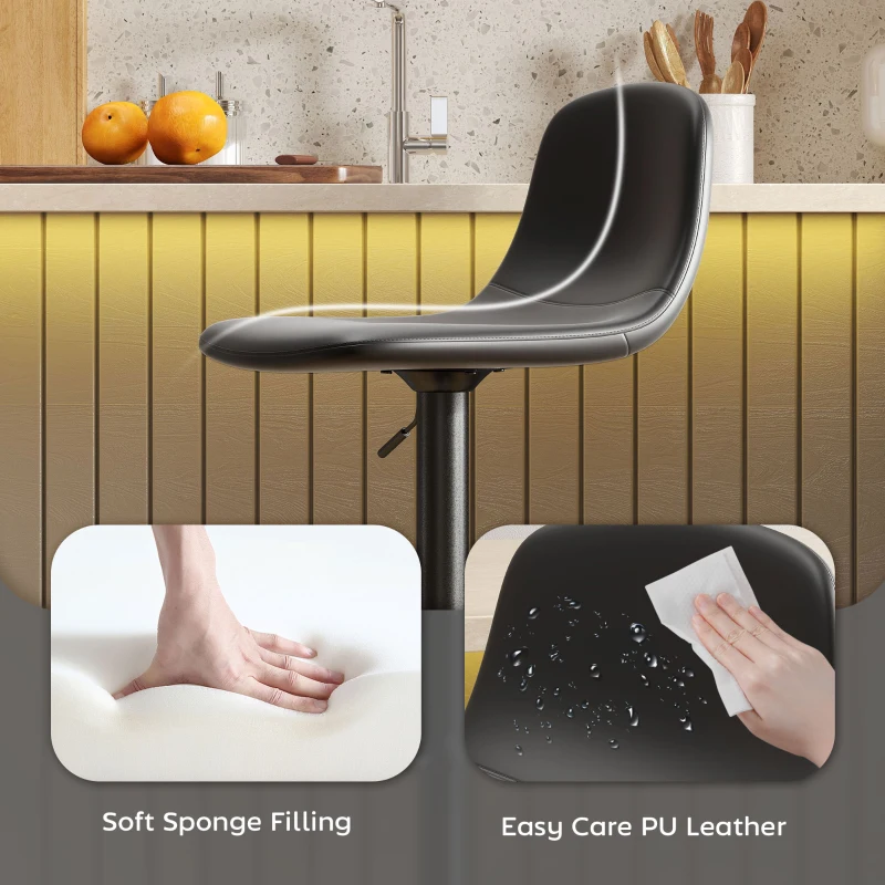 HOMCOM Bar Stools Set of 2, PU Leather Height Adjustable Swivel Bar Chairs with Backrest and Footrest, Modern Breakfast Barstools for Dining Room, Kitchen Island, Black