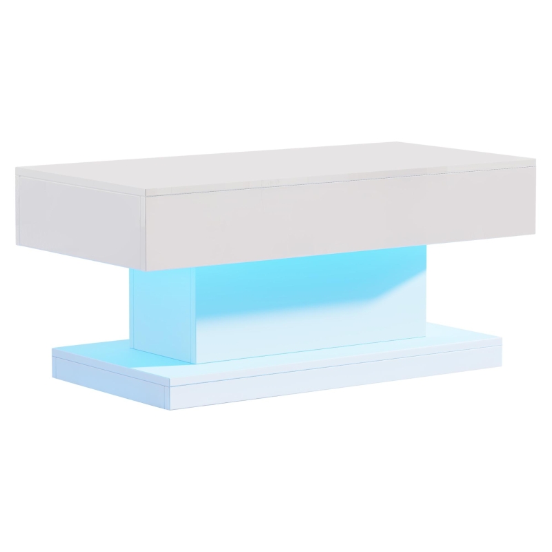 T-shaped Coffee Table with 2 Drawers and App-Controlled LED Strip, High-Gloss Centre Table for Living Room, 100L x 50W x 45H cm, White