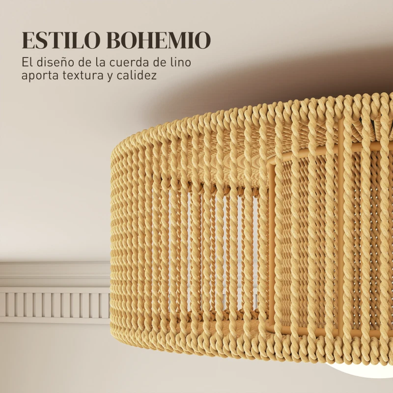 HOMCOM Lámpara de Techo LED Bohemio 20W 3000 K con Pantalla de Cuerda de Lino para Dormitorio Salón Cocina Comedor Marrón