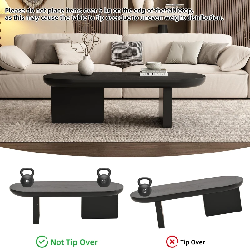 Oval Centre Coffee Table with Double Square Legs and Felt Feet, Minimalist Table for Compact Living Rooms, 119.5L x 50W x 35.5H cm, Black