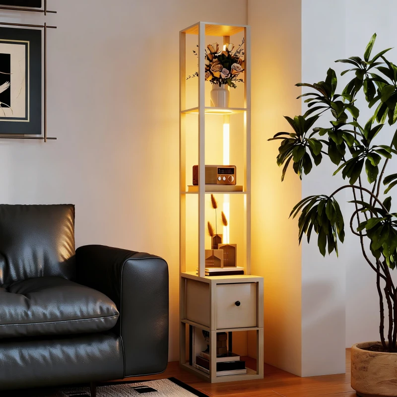 HOMCOM Floor Lamp with Shelves, LED Column Modern Standing Lamp with Fabric Drawer, Adjustable Brightness, Foot Switch for Living Room, Bedroom, Office, Oak