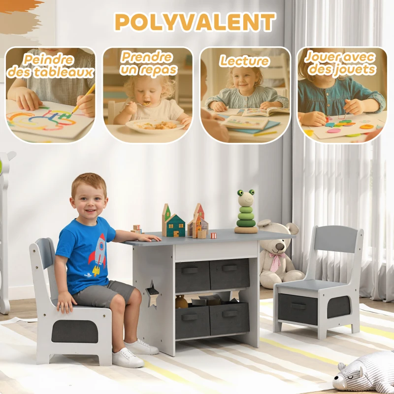 AIYAPLAY Ensemble table et 2 chaises enfant avec 6 tiroirs amovibles, pour fille garçon 3-8 ans, gris