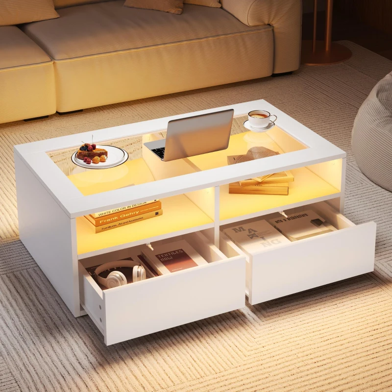 Smart Coffee Table with App-Controlled LED, USB Port and Glass Top, Practical Unit with 2 Drawers and Shelves,100L x 50W x 35H cm, White