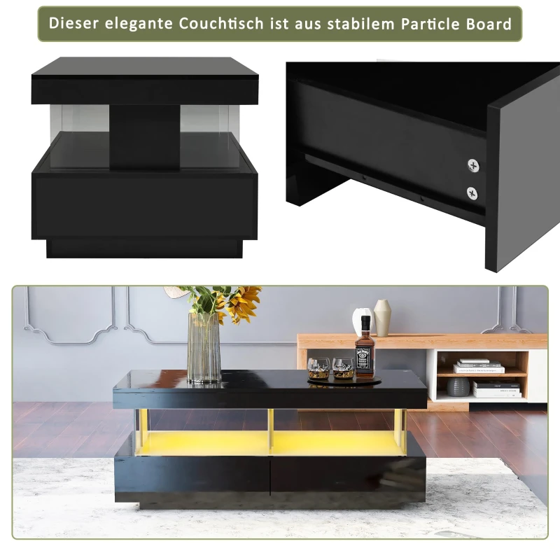 Stylish Coffee Table with 2 Drawers, Open Storage and LED Lights, Durable Center Table for Living Room, 100L x 60W x 49.5H cm, Black