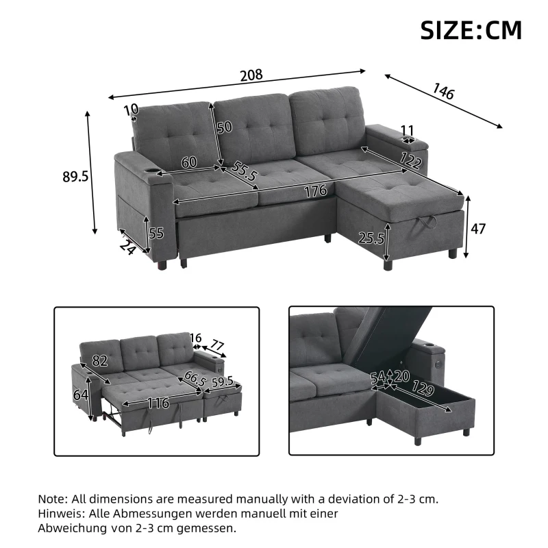 L-Shaped 3-Seater Sofa Bed with Hidden Storage, App-Controlled LED Light, Pull-Out Sofa for Compact Areas, 208L x 146W x 89.5H cm, Grey