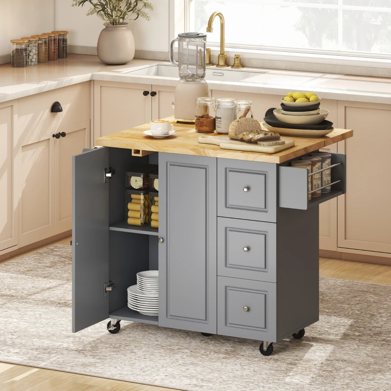 HOMCOM Kitchen Island on Wheels, Rolling Kitchen Storage Trolley with Drop Leaf, Drawers, Towel and Spice Rack, Grey