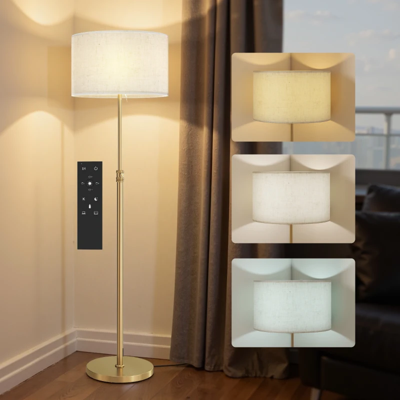 HOMCOM Floor Lamp with Remote, Height Adjustable Standing Lamp with Linen Shade, Dimmable with 3000K-6000K Adjustable Colour Temperatures, Foot Switch for Living Room Bedroom Office, Gold Tone
