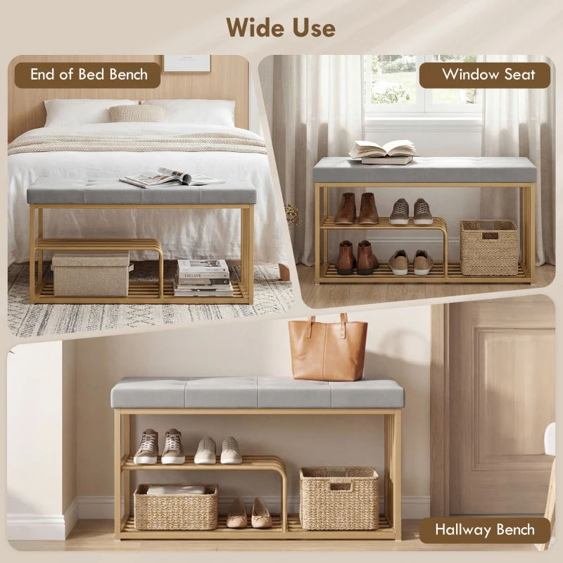 HOMCOM Bench and Shoe Storage, Tufted Shoe Storage Bench with Velvet Seat Cushion Gold Steel Frame for Entryway, Grey