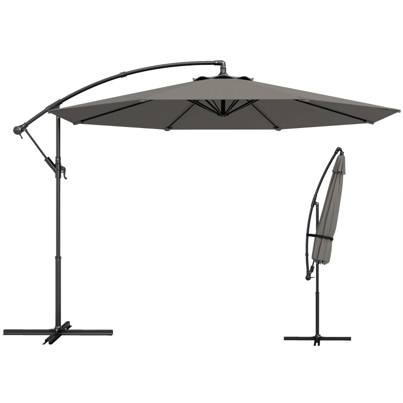 Outsunny Parasol Excéntrico Ø300 cm con Base Cruzada Toldo Ajustable y Manivela UPF30+ para Terraza Patio Gris
