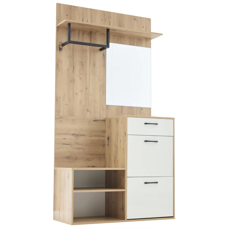 7-In-1 Coat Rack with 2 Shoe Compartments and Semi-open Shelves, High-gloss Cabinet with Mirror, 100L x 38.5W x 190H cm, White+Oak
