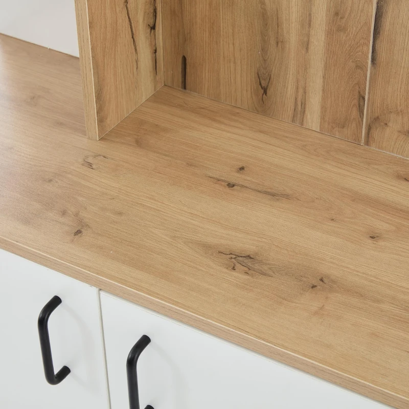 Hall Tree Coat Rack with Shoe Cabinet and 5 Open Shelves, Double‑door Storage for Narrow Entrance, 75L x 33W x 180H cm, White+Oak