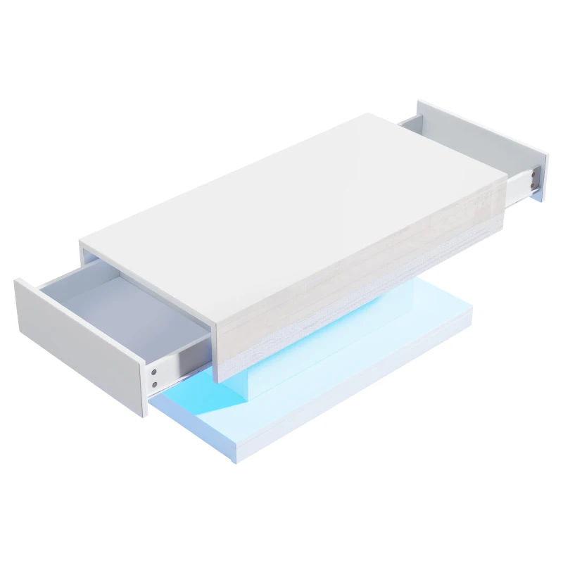 T-shaped Coffee Table with 2 Drawers and App-Controlled LED Strip, High-Gloss Centre Table for Living Room, 100L x 50W x 45H cm, White
