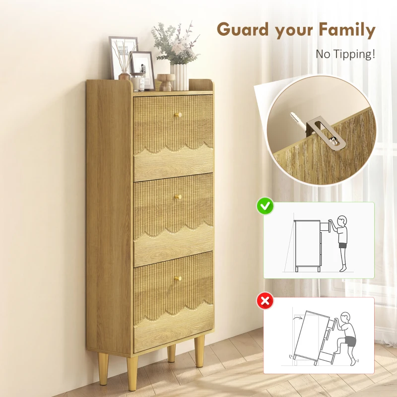 HOMCOM Narrow Shoe Cabinet, Modern Shoe Storage Cabinet with 3 Flip Drawers, Oak