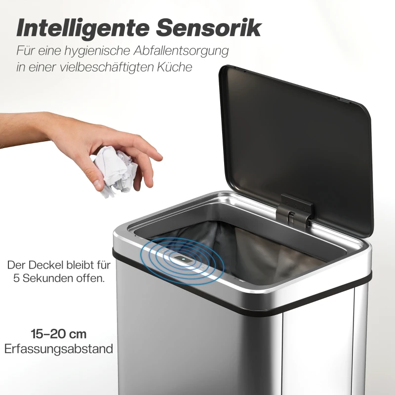 HOMCOM Sensorprullenbak 50 L roestvrij staal automatische prullenbak met soft-close deksel bewegingssensor 35,5 x 26 x 67 cm zilver