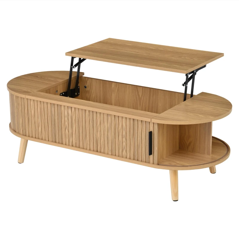Lift-Up Oval Coffee Table with Hidden Storage and Height-Adjustable Top, Space-Saving Table for Living Areas, 120L x 50W x 39.5H cm, Wood