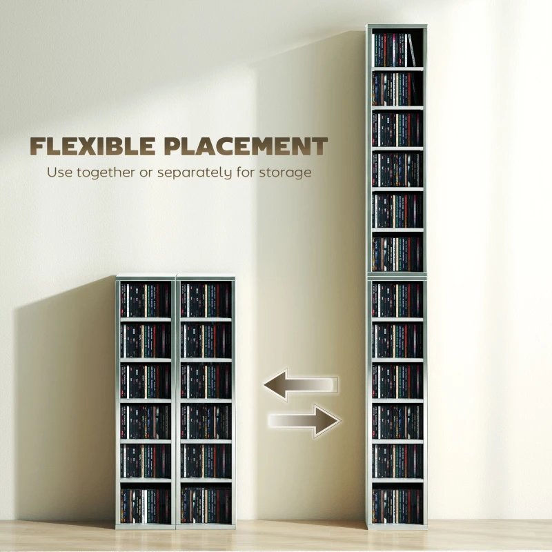 HOMCOM Set of 2 CD Media Display Shelf Unit Tower Rack with Adjustable Shelves, High Gloss Grey