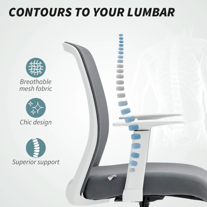 HOMCOM Krzesło biurkowe, obrotowe, na kółkach, z siatkowym oparciem, poduszką z pianki, szare