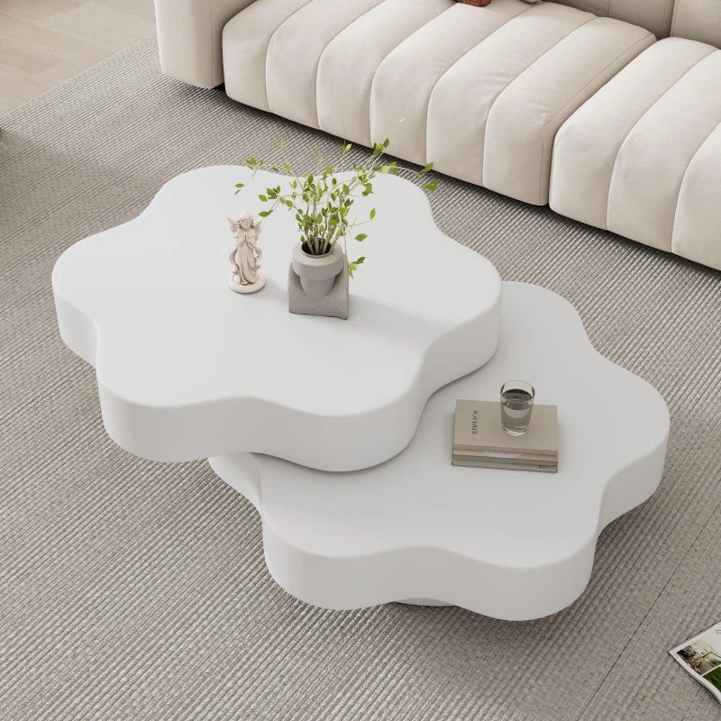 Flower-Shaped Coffee Table with 2 Shelves and Double-Tier Design, 360° Rotating Tabletop for Living Room, 75L x 67.5W x 31H cm, White