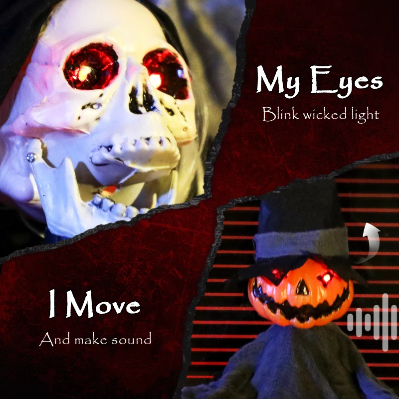 Outsunny 2pcs Animated Halloween Skull Bowl, Skeleton Ghost Skull Candy Dish with LED Eyes, Moving Body and Creepy Sound for Party Decoration, Festival Haunted Houses