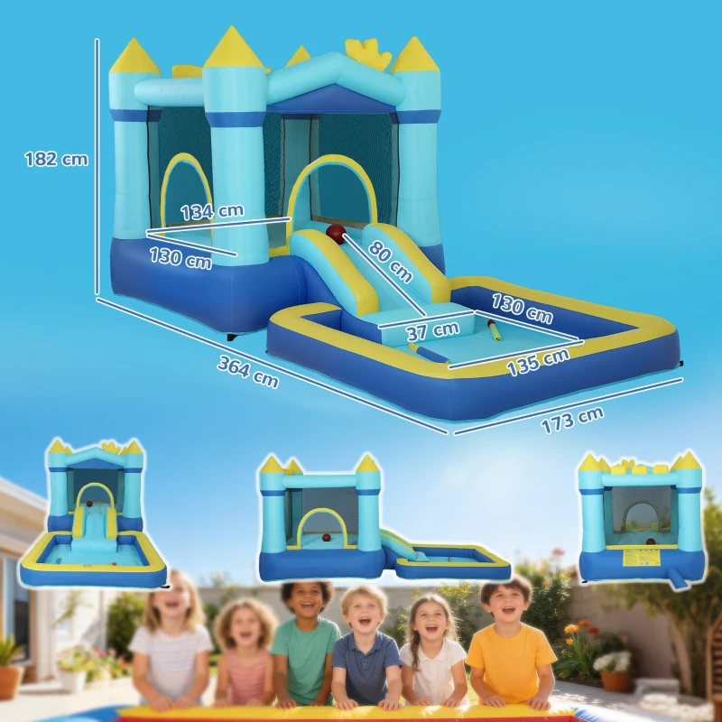 AIYAPLAY Springkasteel Opblaasbaar Speelcentrum met Luchtblazer Glijbaan Trampoline Zwembad/Ballenbak Waterpistool 364x173x182 cm Blauw
