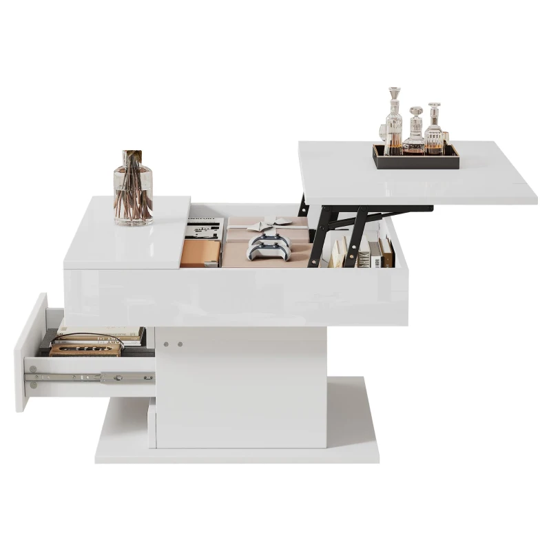 360° Rotating Coffee Table with Height-Adjustable Top and Hidden Storage, Modern Centre Table for Living Rooms, 70L x 70W x 45H cm, White